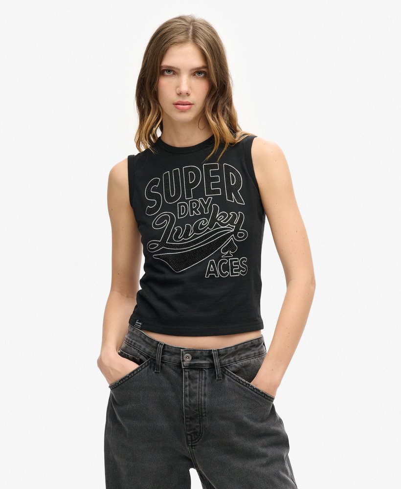 retro getailleerde vesttop met versieringen in nero black marl