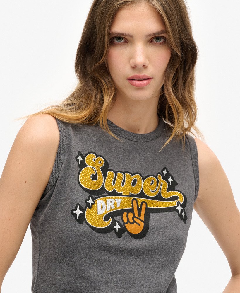 retro getailleerde vesttop met versieringen in granietgrijs gemêleerd
