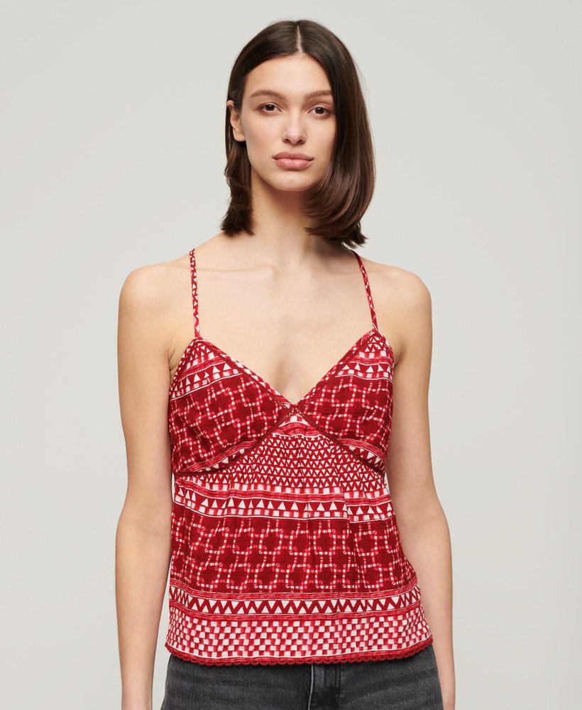 bedrukte geweven cami-top in shibori-laag rood