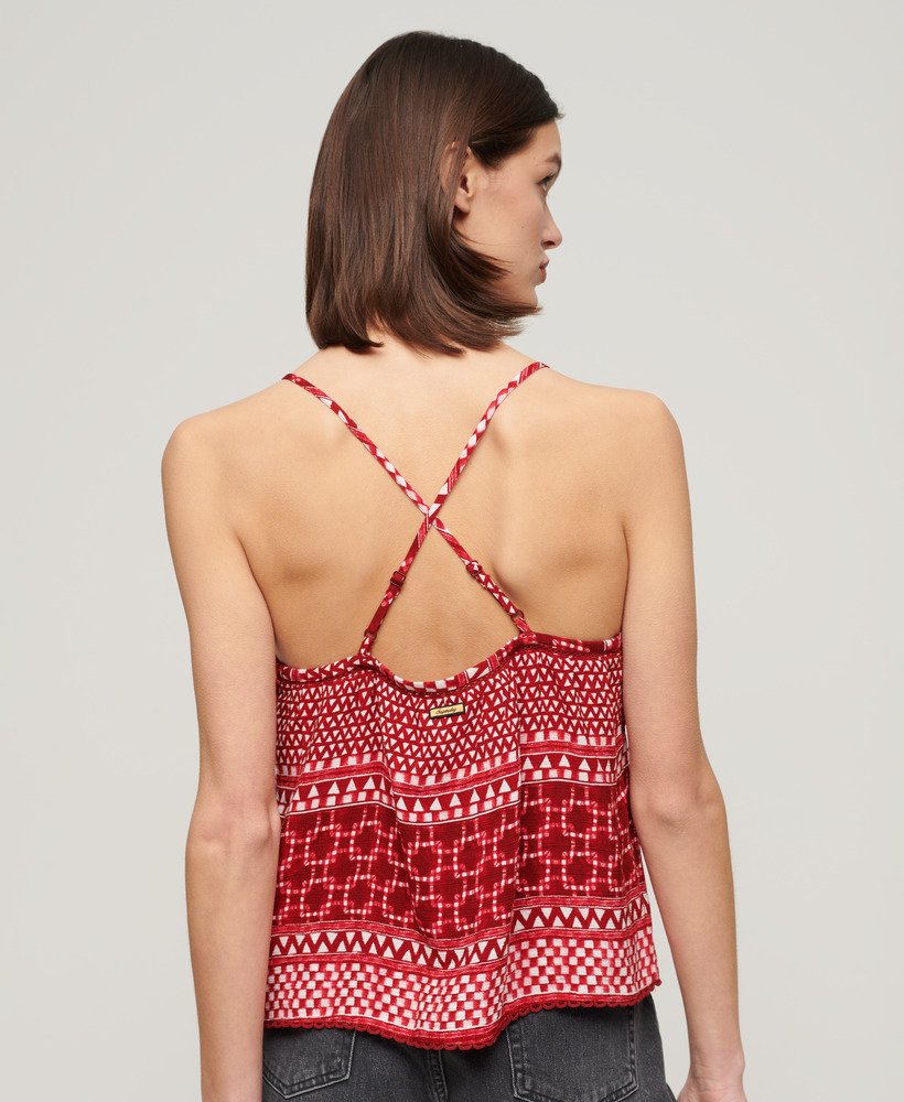 bedrukte geweven cami-top in shibori-laag rood