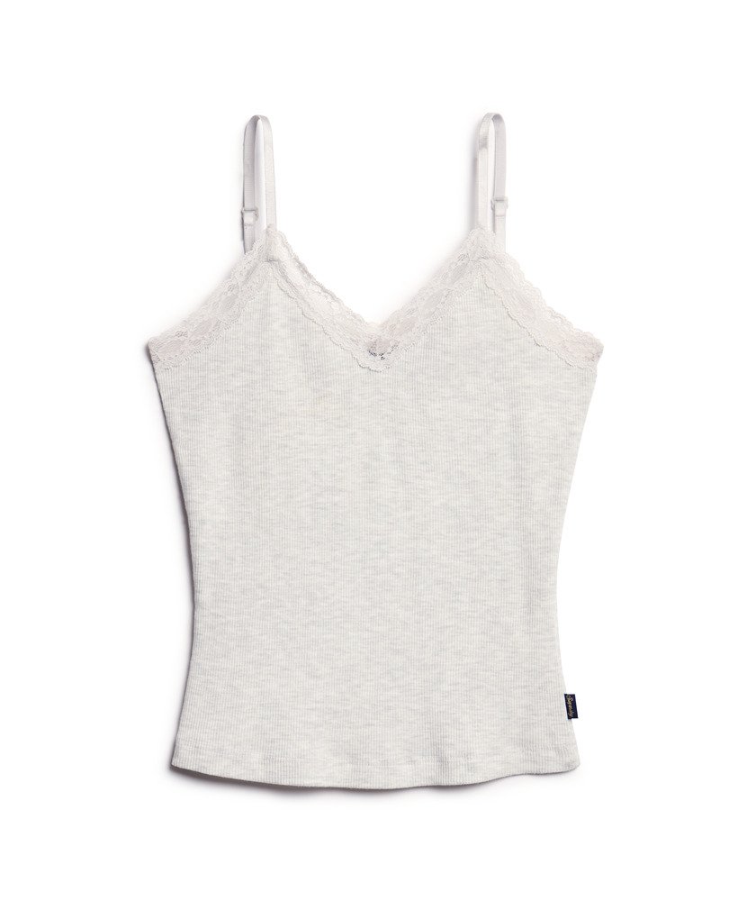 athletic essential cami top met kanten afwerking in licht gemêleerd ijs.