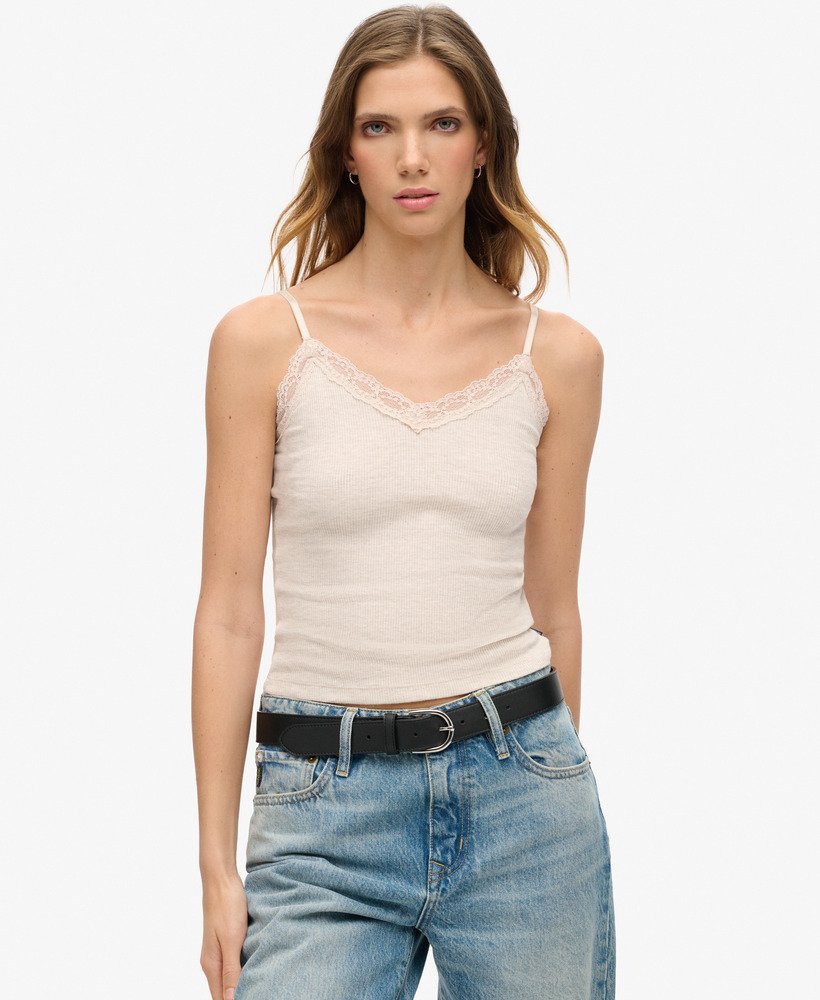 athletic essential cami top met kanten afwerking in havercrème gemêleerd