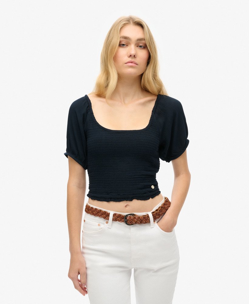 geweven top met smockwerk in eclipse navy