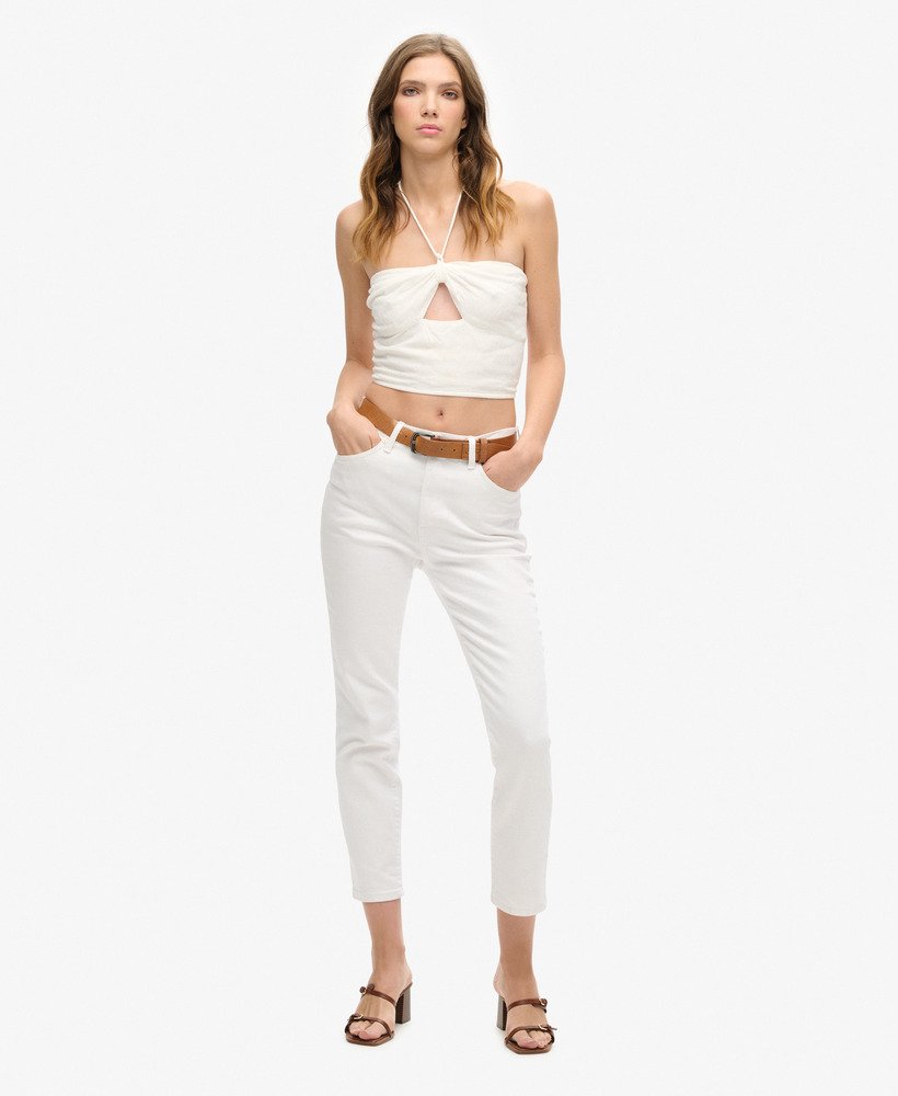 cropped top met uitsnijdingen van geweven materiaal in gebroken wit.