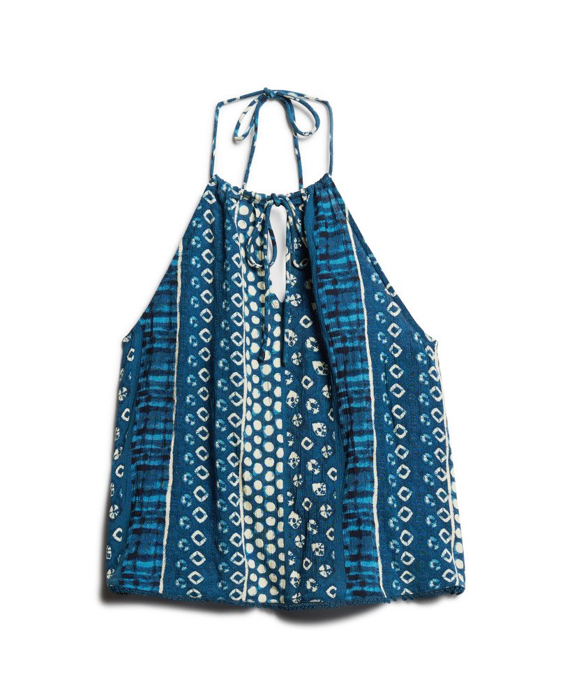 bedrukte haltertop voor op het strand met shibori blauwe rand