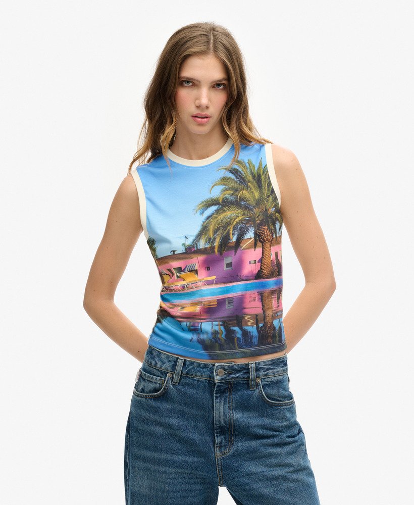 sub print vest top in palm blue aop
