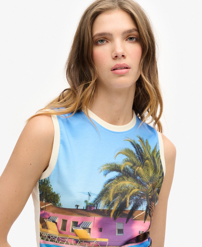 sub print vest top in palm blue aop