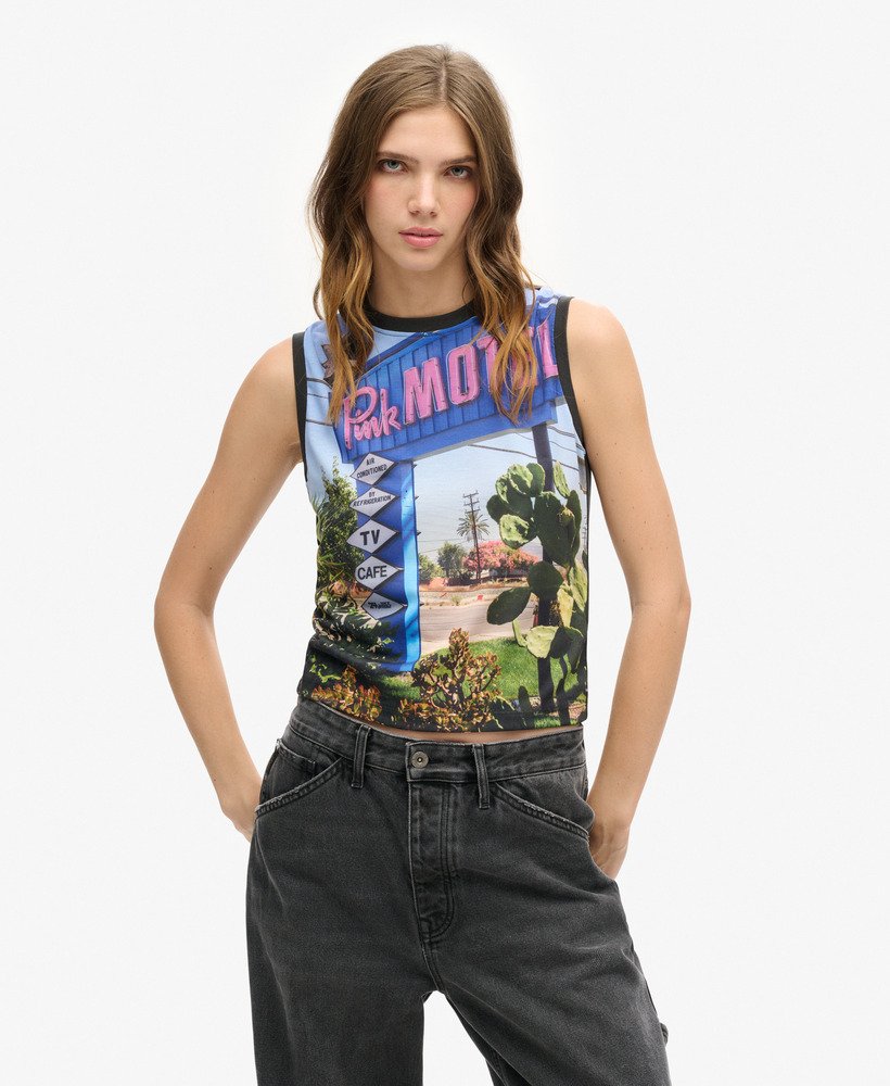 sub print vest top in pink morel aop