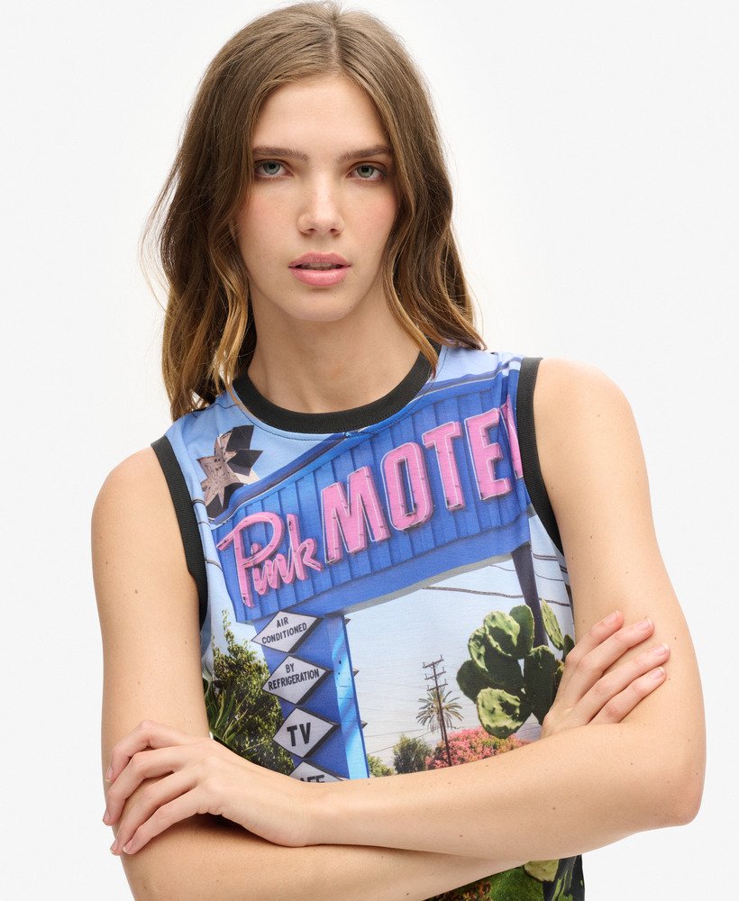 sub print vest top in pink morel aop