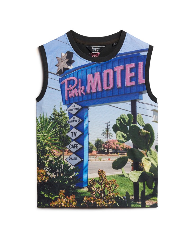 sub print vest top in pink morel aop