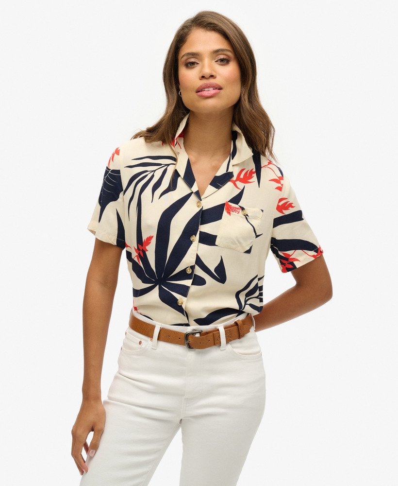 strandresort shirt met jungle silhouet in ecru
