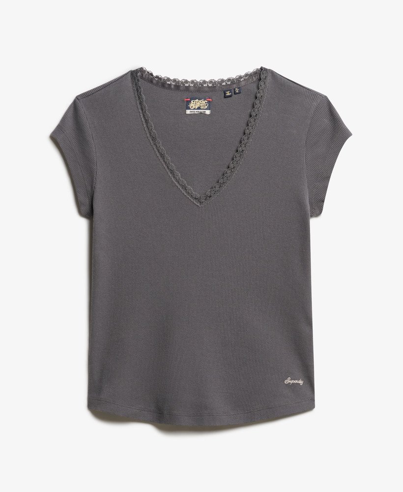 athletic essentials top met v-hals en kanten afwerking in donker leigrijs.
