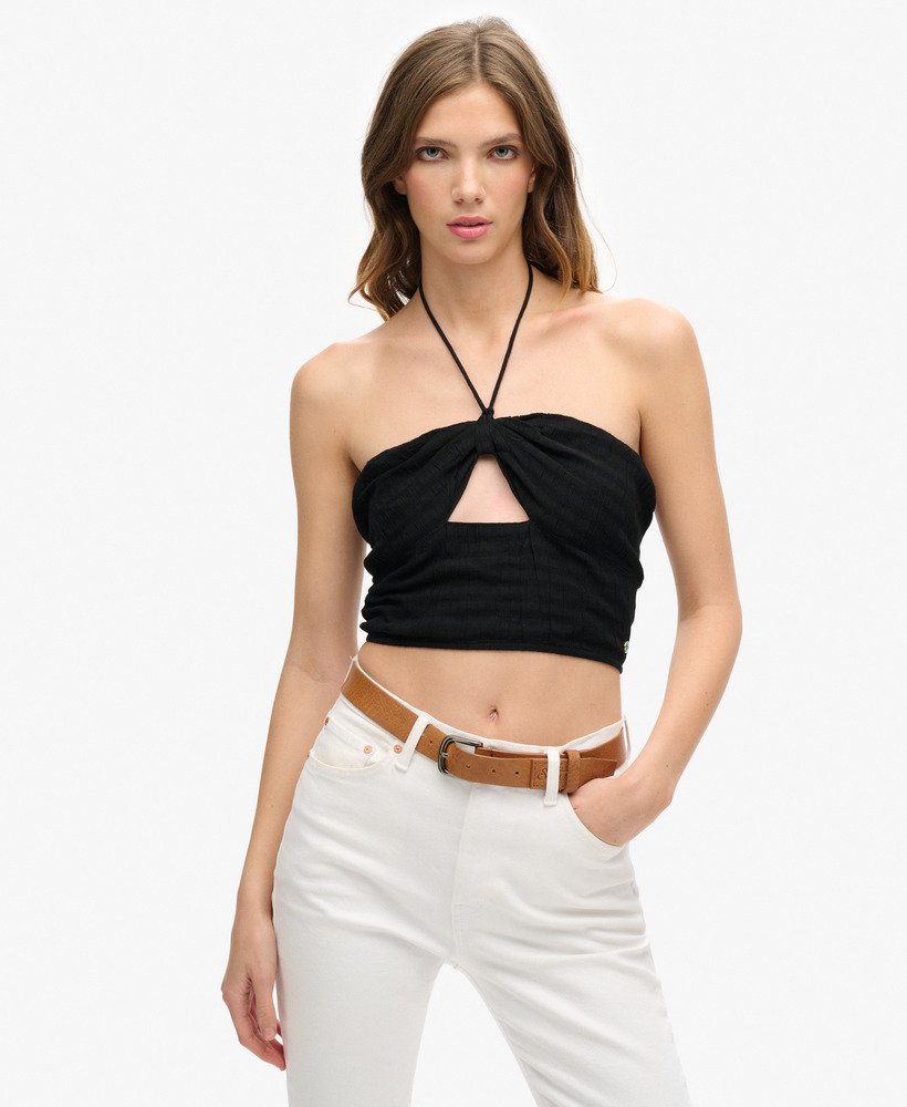 cropped top met uitsnijdingen van geweven materiaal in zwart