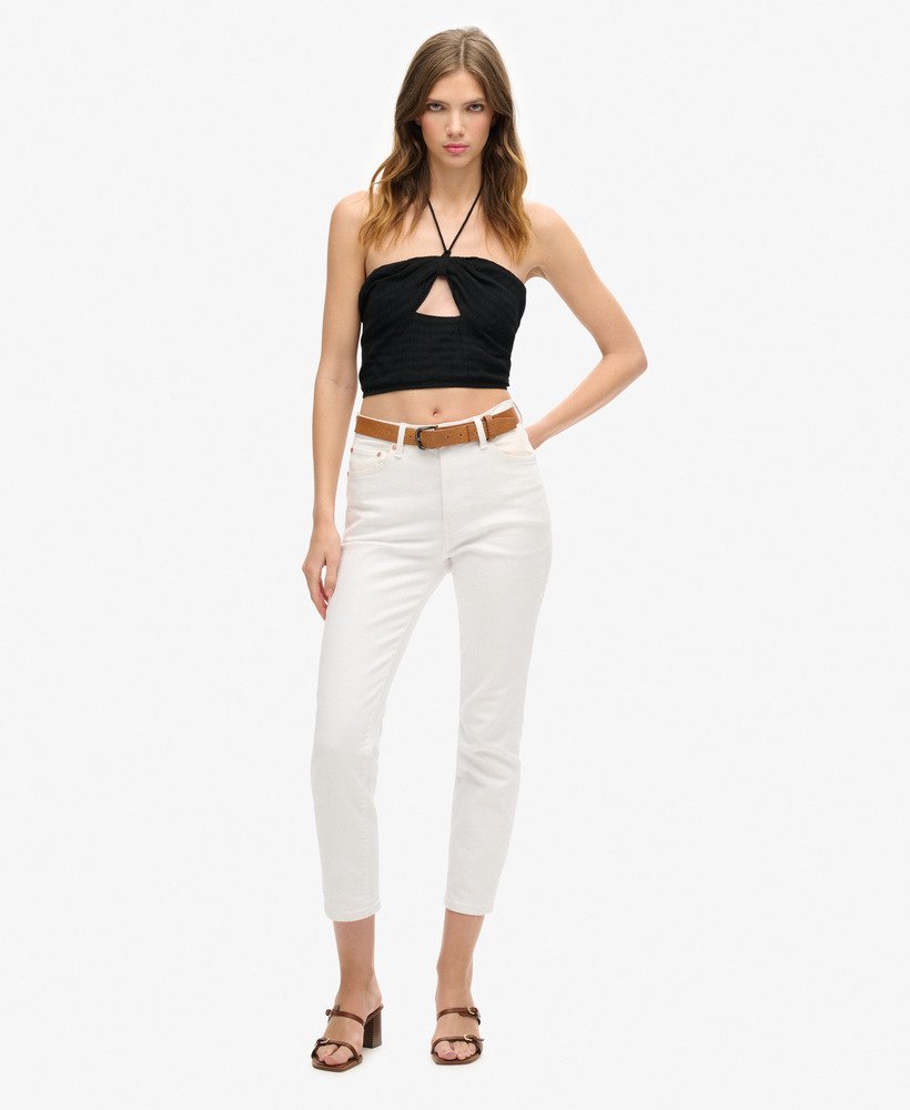 cropped top met uitsnijdingen van geweven materiaal in zwart
