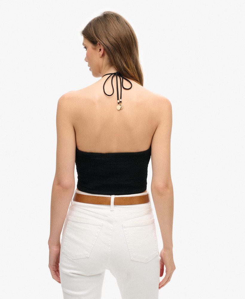 cropped top met uitsnijdingen van geweven materiaal in zwart