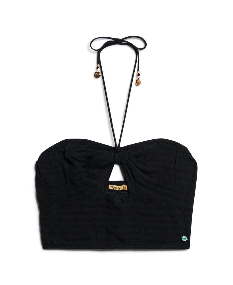 cropped top met uitsnijdingen van geweven materiaal in zwart