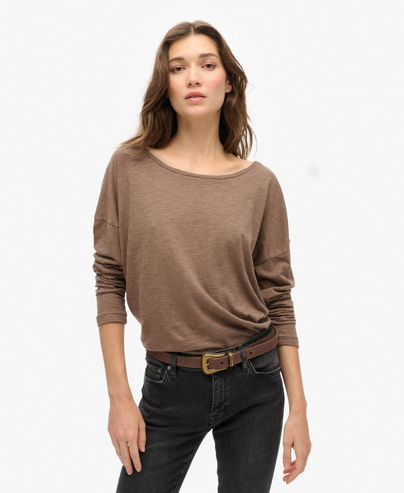 jersey top met lange mouwen in notenbruin gemêleerd