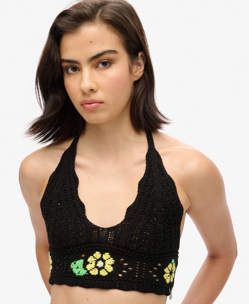 gehaakte bralette met bloemenmotief in zwart