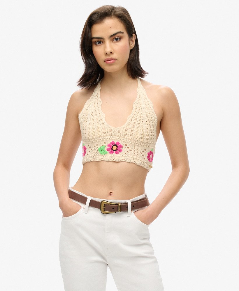 gehaakte bloemenbralette in botercrème