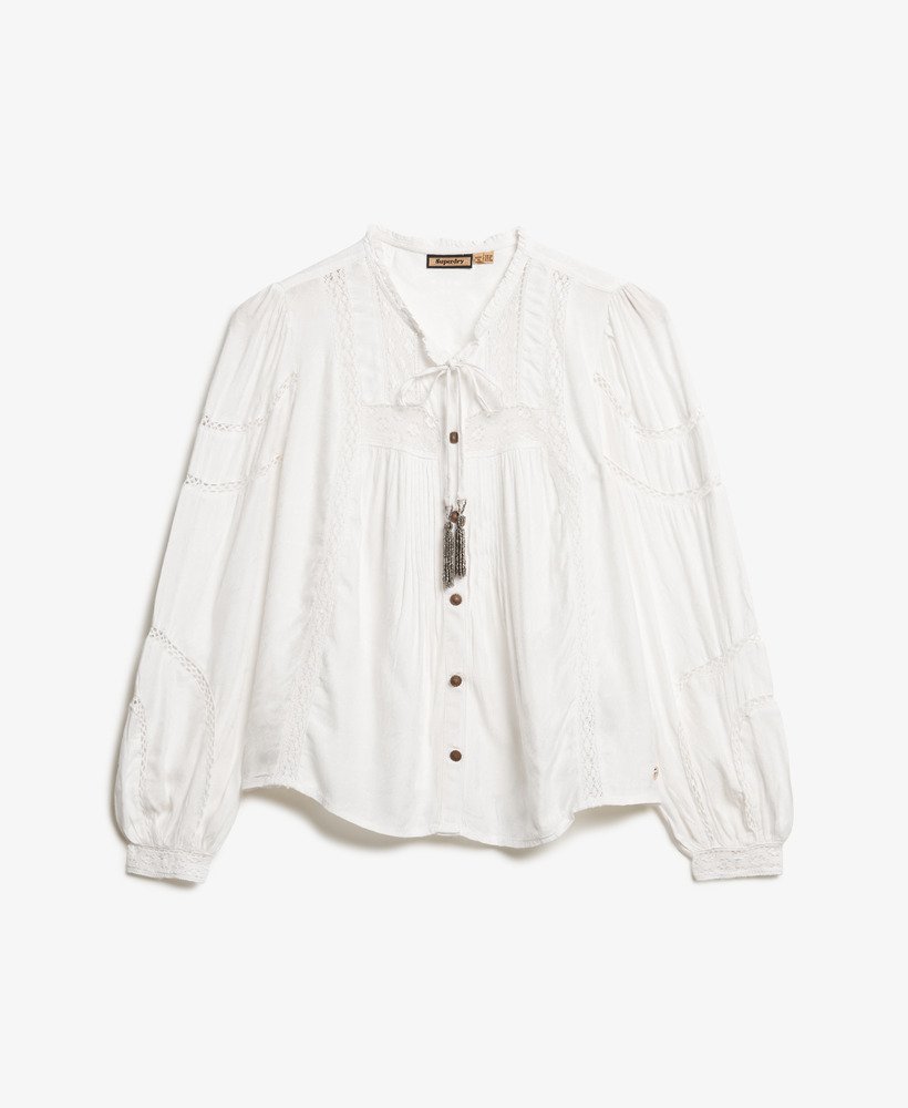 blouse met lange mouwen van geweven kant in gebroken wit.
