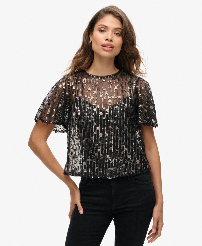 transparante top met korte mouwen en pailletten in stadium grey grit.