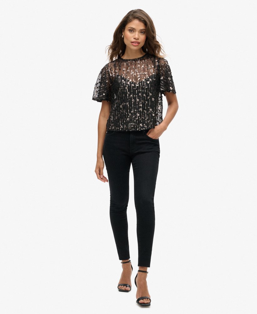 transparante top met korte mouwen en pailletten in stadium grey grit.