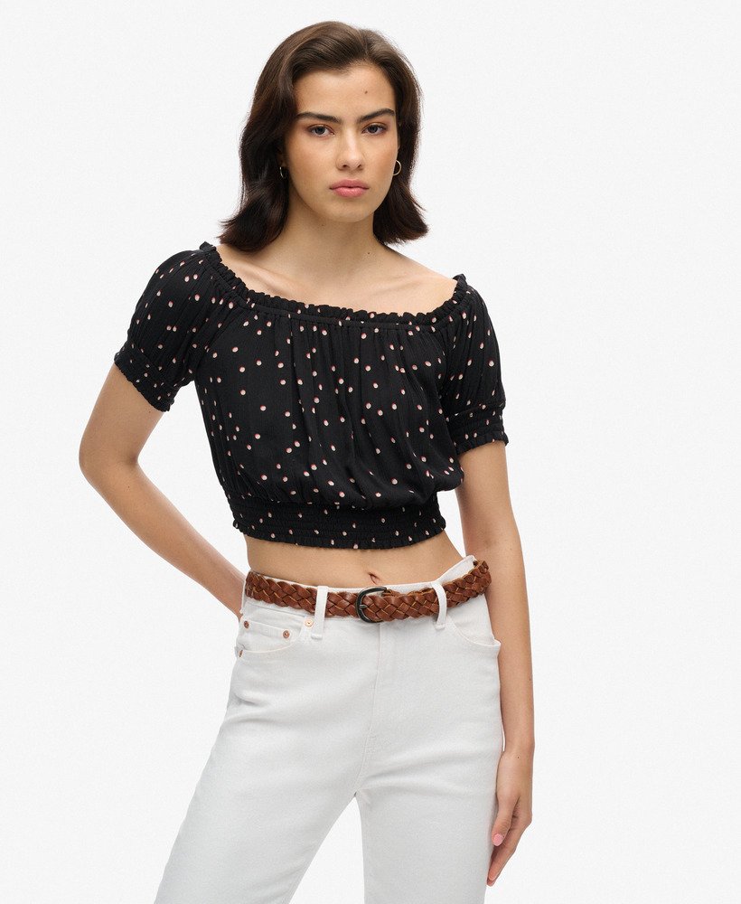 geplooide crop top met korte mouwen in shadow spot black