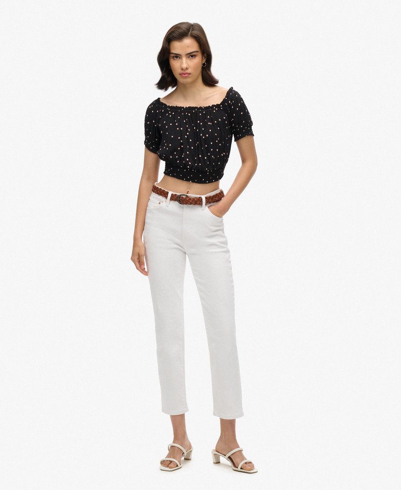 geplooide crop top met korte mouwen in shadow spot black