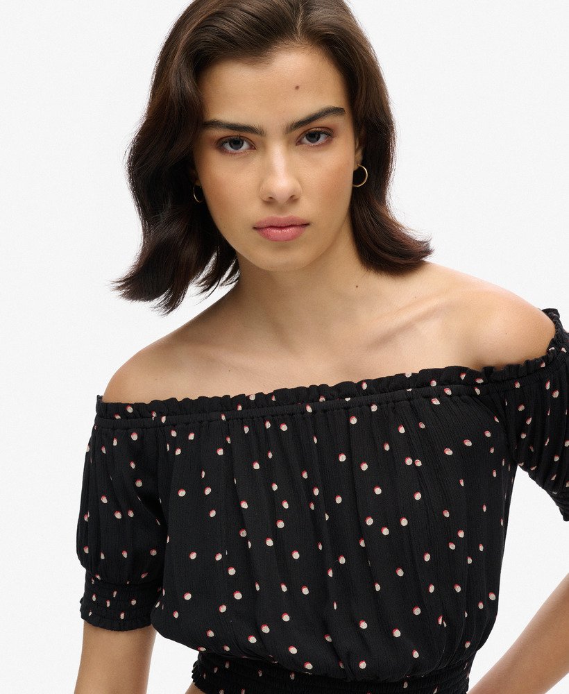 geplooide crop top met korte mouwen in shadow spot black