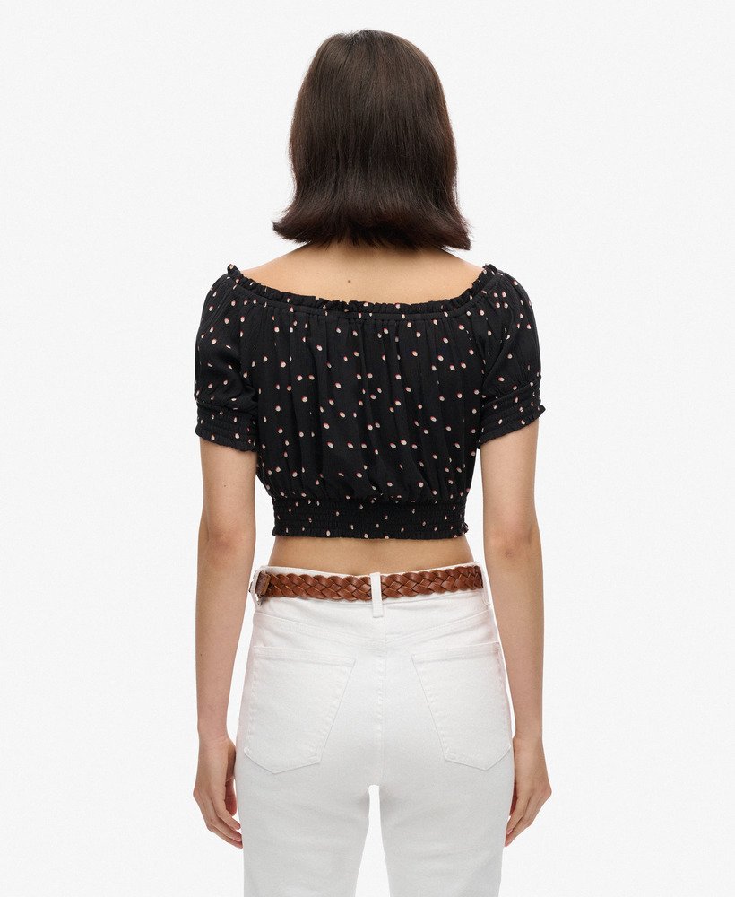 geplooide crop top met korte mouwen in shadow spot black