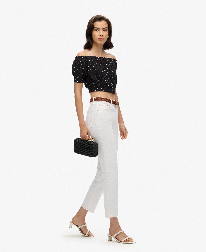 geplooide crop top met korte mouwen in shadow spot black