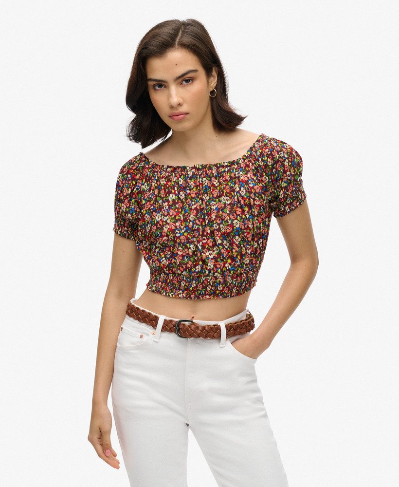 geplooide crop top met korte mouwen in betsy ditsy brown