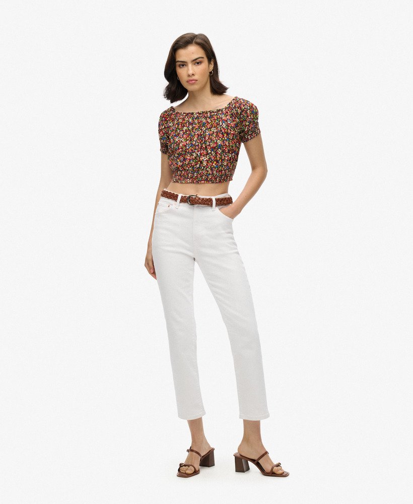 geplooide crop top met korte mouwen in betsy ditsy brown
