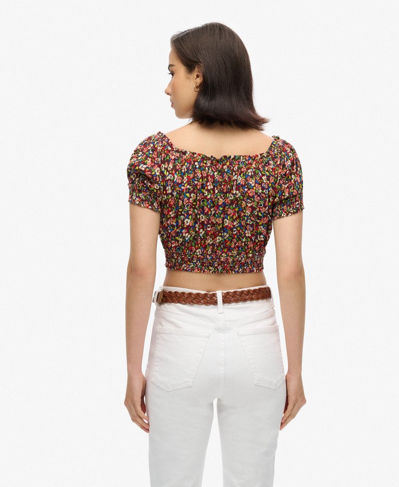 geplooide crop top met korte mouwen in betsy ditsy brown