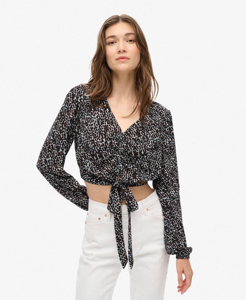 vintage top met strik aan de voorkant in regenmotief mono