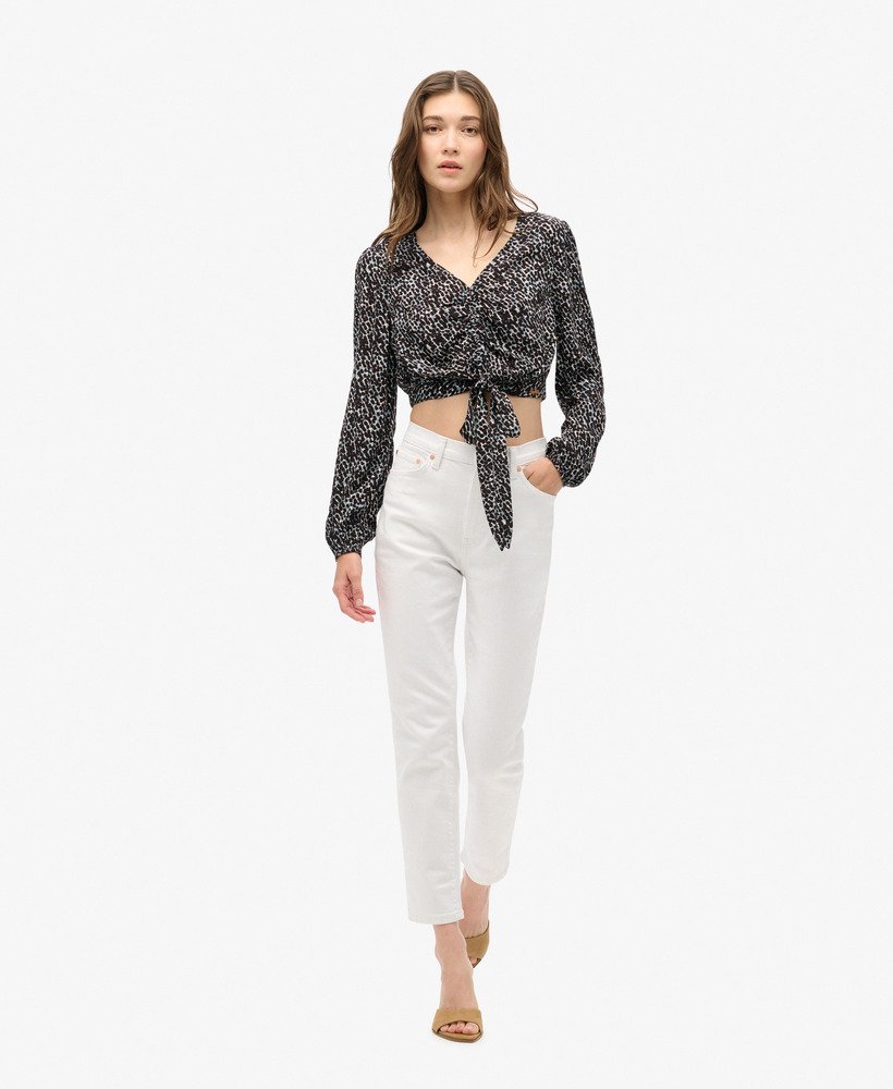 vintage top met strik aan de voorkant in regenmotief mono