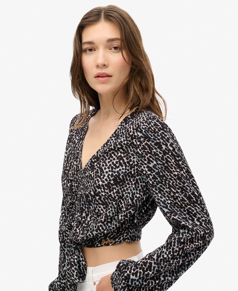 vintage top met strik aan de voorkant in regenmotief mono