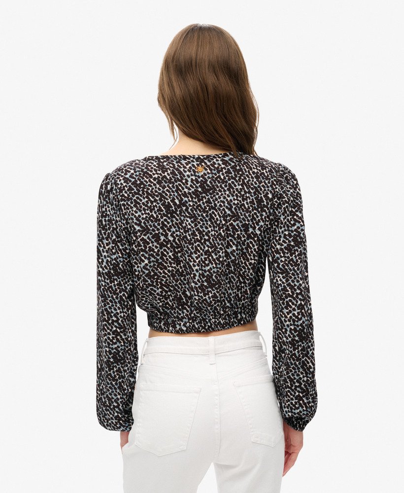 vintage top met strik aan de voorkant in regenmotief mono