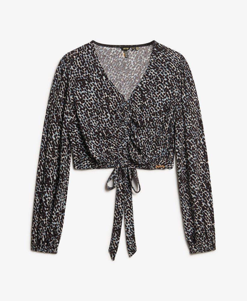 vintage top met strik aan de voorkant in regenmotief mono