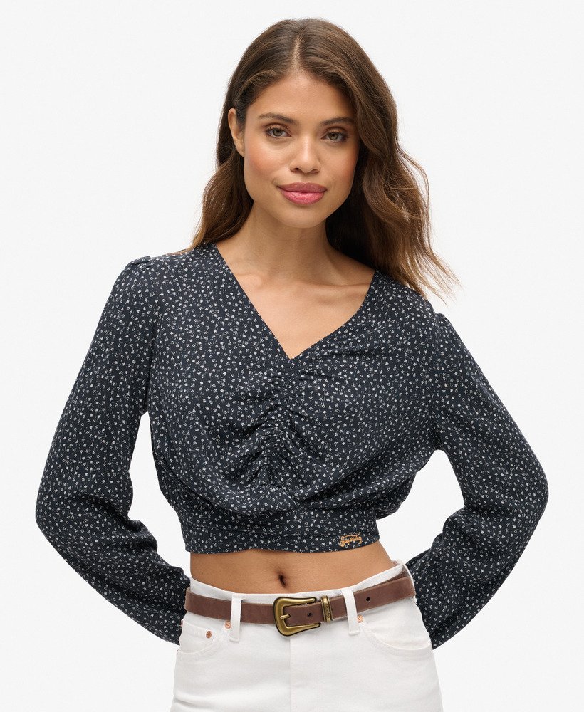 vintage top met strik aan de voorkant in een marineblauwe bloemenprint