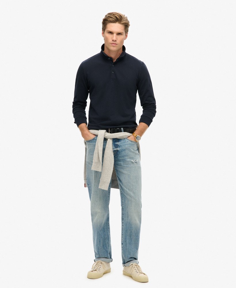 polo shirt met lange mouwen van katoenpiqué in eclipse navy