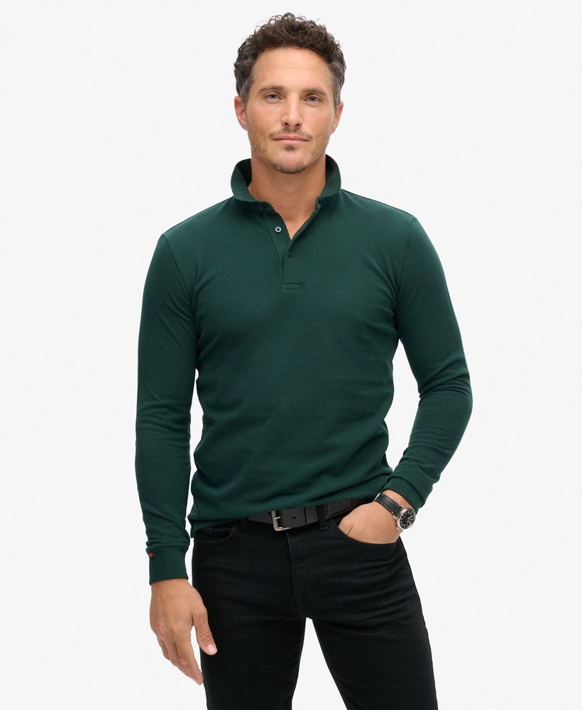 polo shirt met lange mouwen van katoenpiqué in bosgroen.