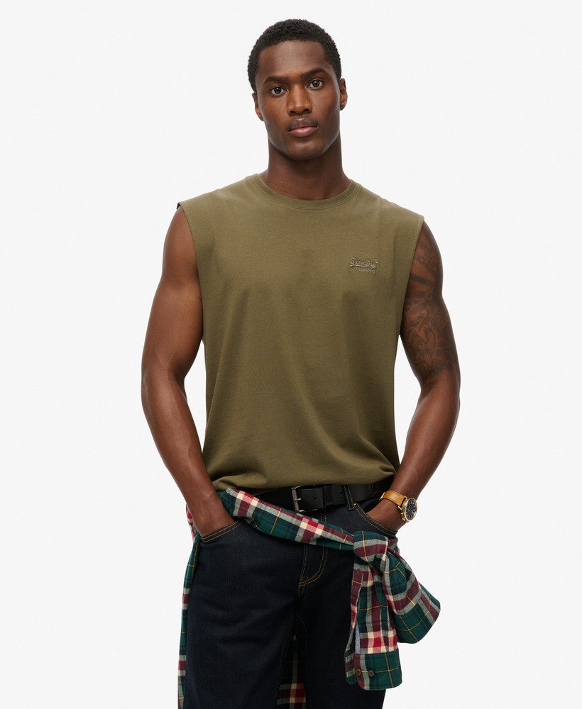 tanktop met essential logo van biologisch katoen in olijfgroen.