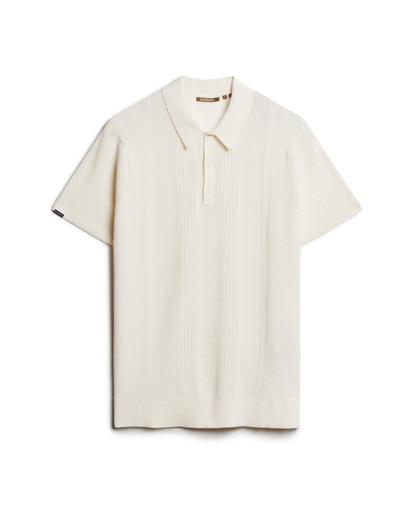 gebreid poloshirt met korte mouwen in gebroken wit.