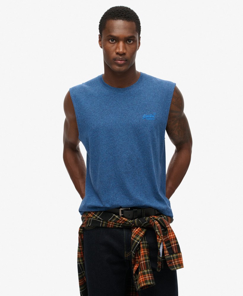 tanktop met essential logo van biologisch katoen in felblauw.