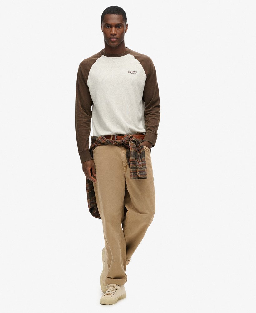 essential logo baseball long sleeve top in lightning grey grindlebracken brown