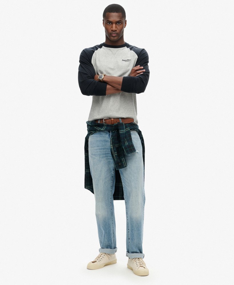 essential logo baseball long sleeve top in grey fleck marleclipse navy