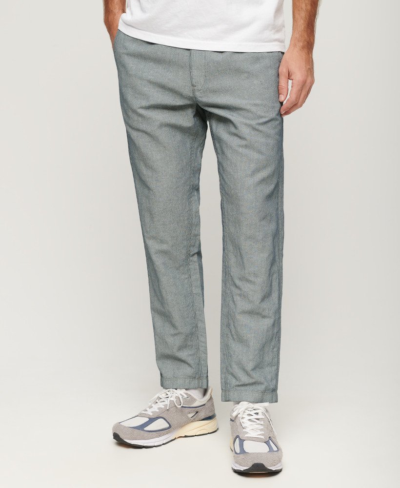 linnen broek met trekkoord in marineblauwe strepen