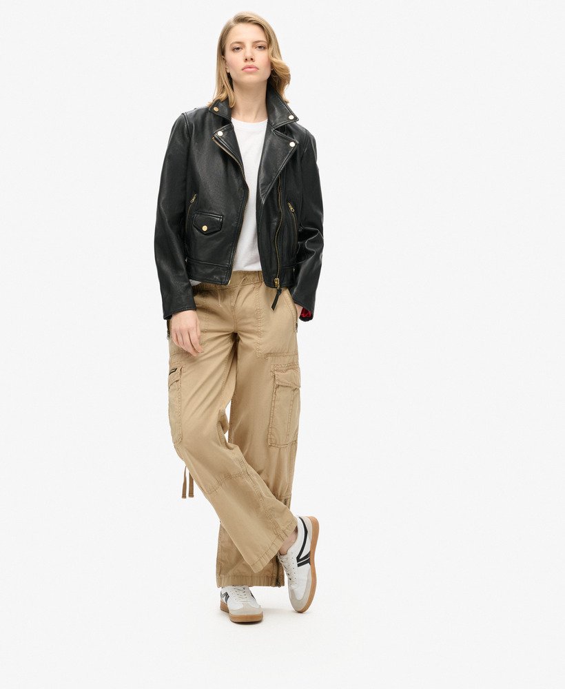 vintage cargo broek met lage taille en elastische tailleband in stonewash taupebruin.