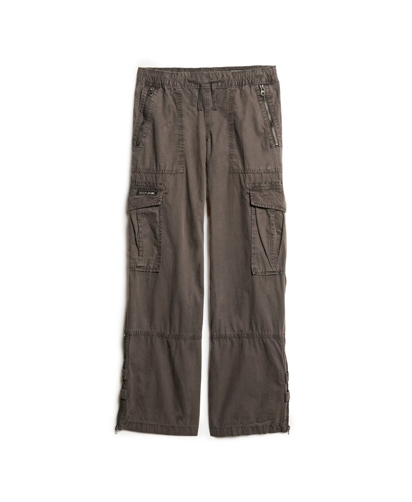 vintage cargo broek met lage taille en elastische tailleband in donkergrijs.